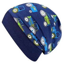 Wollhuhn Eco Warm Cuddly Winter Boys / Girls Winter Beanie Hat or Long Beanie Hat with Fleece Lining Various Designs (Made of Eco Fabrics, Organic), 20220666, Tractor/Tractor Dark Blue