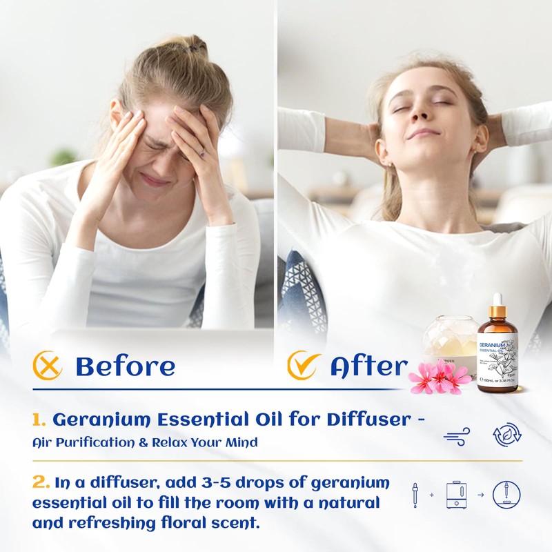 HIQILI 100ML Geranium Essential Oil for Skin, Diffuser & Candle,