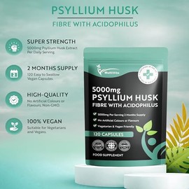 Psyllium Husk Capsules 5000mg with 500 Million CFU Lactobacillus Acidophilus, 120 Psyllium Husks Capsules, Natural Soluble Fiber Supplement from Raw Plantago Ovata Seeds, Digestive, Gut Health Support