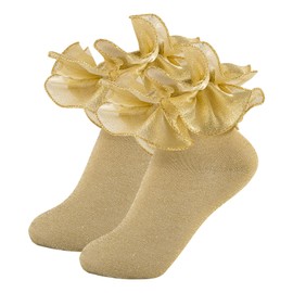 MKYSZLT White Girls Ruffle Socks Gold Shimmering Big Double Layer Lace Sock Ruffles Frilly Dress Socks for Baby Toddler Girl (US, Age, 4 Years, 6 Years, Baby Girls, Gold Glittery - 2 pairs)