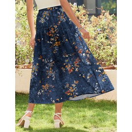 Zeagoo Women's Summer Boho Elastic High Waist A-Line Midi Skirts Summer Pleated Midi Skirts 2025 Fashion Trendy Pleated Long Beach Skirt