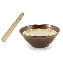 Made in Japan Japanese 9.5"D Ceramic Brown Suribachi Mortar Bowl & Wooden Pestle MADE IN JAPAN