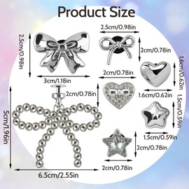 DAMOWANG 8 PCS Silver Pearl Bowknot Shoe Charms Sparkling Heart Rhinestones Bling Star Shoe Charm Set Cute Bow Charms for Shoes Decoration Fasion Shoes Decor Accessories for Women