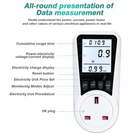 Jadeshay Electric Meter,240V 13A Electricity Usage Monitor Power Meter Plug LCD Display Energy Monitoring UK Plug 7 Monitoring Modes with 3680W Power Overload Warning for Home Appliances
