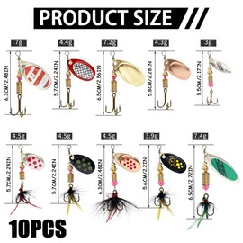 Fishing Spinners 10Pcs Set - Multi Colored Metal Fishing Lures with Rotating Blades & Treble Hooks for Trout Salmon Bass, Ultra Casting 3-7g Spinner Baits in Box