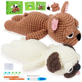 Crochet Kit for Beginners- 2 PCS Pug and French Bulldog Crochet Kits for Adults, 2PCS Sleeping Dog Crochet Kit with Step-by-Step Video Tutorials,Crochet Hook, Instructions DIY Knitting Kit