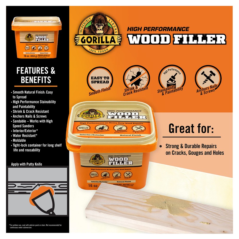 Gorilla All Purpose Wood Filler, Natural Finish, 16 Ounce Tub