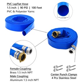 DAVCO 1-1/2” ID x 100ft PVC Lay Flat Discharge Hose with Aluminum Pin Lug Fittings, Heavy Duty Reinforced Blue Backwash Pump Hoses for Swimming Drain Pools and Clean Filters