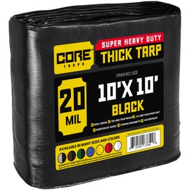 Core Tarps Extreme Heavy Duty 20 Mil Tarp Cover, Waterproof, UV Resistant, Rip and Tear Proof, Poly Tarpaulin with Reinforced Edges for Roof, Camping, Patio, Pool, Boat (Black 10′ X 10′)