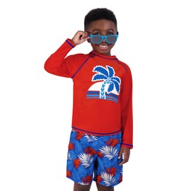 Boys Swim Set with Long Sleeve Rash Guard, Swim Shorts, Sunglasses (Red & Blue Palm Tree, Size 4T)