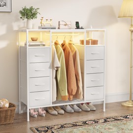 HIGDBFE LED Dresser with Hanging Rack, 8 Fabric Drawer Dresser with Charging Station and Light, Kids Dresser for Bedroom Closet Entryway Chests of Drawers, Storage Shelves, White, 43.3" W
