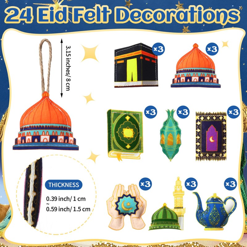 HunnmingRe 24 Pcs Ramadan Tree Ornaments Felt Eid Mubarak Decorations