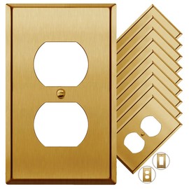Rio Salto Metal Gold Outlet Cover or Light Switch Cover Wall Plate Corrosion Resistant Single Duplex Receptacle Wallplate Covers 1 Gang Single Gang Standard Brushed Brass 4.50" x 2.76" (10 Pack)