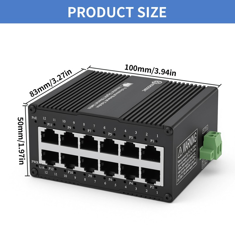 ATROODAC Industrial 12 Port Gigabit PoE Switch, DC 12-48V to