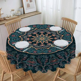 IBILIU Retro Floral Mandala Round Tablecloth,Bohemian Boho Indian Style Ethnic Damask Pattern Water Resistant Polyester Table Cloth Decorative Table Cover for Kitchen,Party,Holiday - 58 Inch