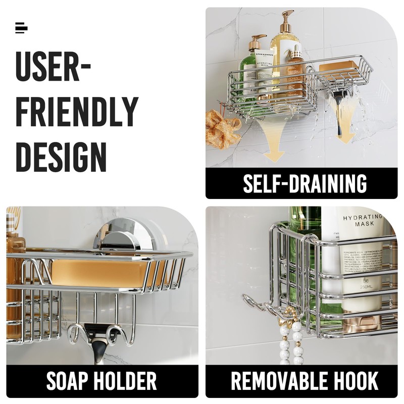LEVERLOC Shower Caddy Suction Cup, Silver Shower Shelf with Hooks