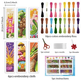 INFUNLY Set of 6 Fairy Tale Elements Cross Stitch Bookmark Kits DIY Mermaid Embroidery Bookmark Kits for Beginners with Instructions Lock Bookmark Making Kit for Book Lovers Readers Gift
