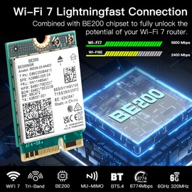 BE200NGW Tarjeta inalámbrica WiFi 7 para juegos de PC, M.2 NGFF Tri-Band 2.4G/5G/6G Adaptador de red, hasta 8774Mbps, Bluetooth 5.4, compatible con Windows 11/10