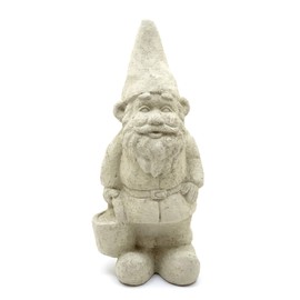 Garden Gnome with Bucket: Solid Durable Stone Statue with Vintage Texture. Sealed for Outdoors. Handcrafted USA. (Classic/White)