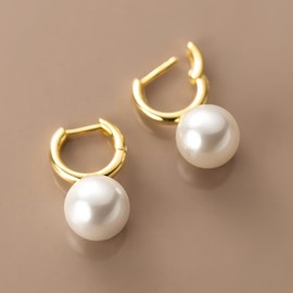 Solid Sterling Silver Small Pearl Drop Huggie Earrings; Gold and White Pearl; Small Nature Pearl; Small Hoop;, 11mm, Sterling Silver, No Gemstone