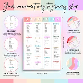 Grocery List Notepad - Prepopulated Shopping Checklist with Blank Spaces | 50 Sheets of Premium 120gsm Paper | Time & Money Saver for Easy Groceries Shopping | A5 Rainbow