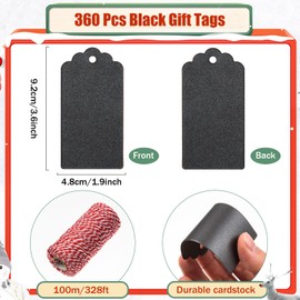 360 Pcs Black Gift Tags Christmas Shimmer Paper Gift Tags with Hole Rectangle Hanging Gift Labels with String for Christmas DIY Crafts Holiday Present Wrapping Party Favors,1.89x3.62