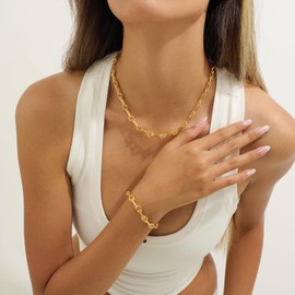 MUYAN 18K Gold Plated Statement Link Chain Necklace and Bracelet, Adjustable Chunky Link Necklace Chain Bracelet for Women