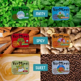 VerMints Organic Breath Mints – Peppermint, Ginger, Wintergreen, Cinnamon, Chai & Cafe Express Flavored Mints - Non-GMO, Gluten-Free, Vegan & Kosher Healthy Refresh - 1.41oz – 6 Variety Travel Tins