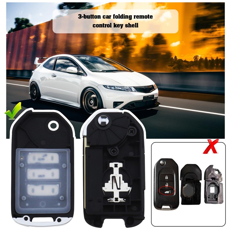EMSea Car 3-Button Flip Key Shell Compatible with Civic City