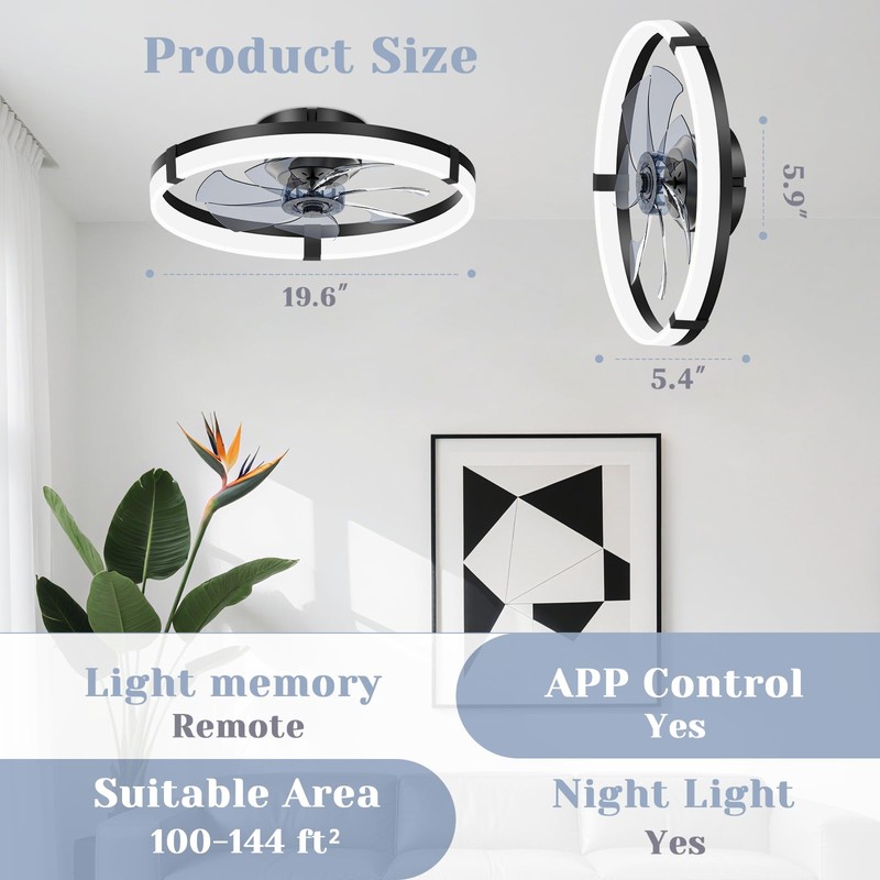 JOFIOS Ceiling Fans with Lights,19.7" Flush Mount Ceiling Fan with