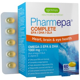 Igennus Pharmepa Complete EPA DHA rTG Omega 3 Fatty Acids 1000mg, IFOS Certified, Fish Oil Plus Omega 6 GLA Evening Primrose Oil, High Potency, Lemon Flavour, 60 Softgels