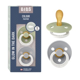 BIBS Colour Symmetrical Glow Pacifiers Pack of 2, BPA Free, Glow in the Dark Symmetrical Nipple. Natural Rubber/Latex, Made in Denmark. Size 2 (6-18 Months), Sage Glow/Cloud Glow