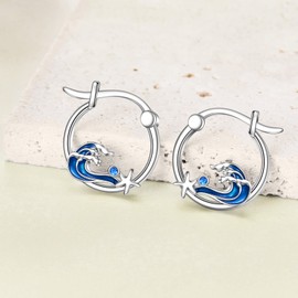 YFN Beach Starfish Earrings for Women Sterling Silver Ocean Wave Hoop Earrings, Sterling Silver, Cubic Zirconia
