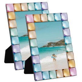 eletecpro 4x6 Decorative Glitter Jewel Picture Frame with Real Glass and Multicolor Acrylic Adorned, Modern Style for Art Paintings Funny Office Decor, Rainbow Set of 2