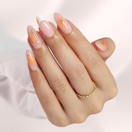 Blush Press On Nails Medium | GJZEZ Glossy Almond White French Tips 3D Gold Star Swirl Celestial Fake Nails, Fits Natural & Comfortable | 16 Sizes - 32 Reusable Nail Kit with Glue, Starry Aura