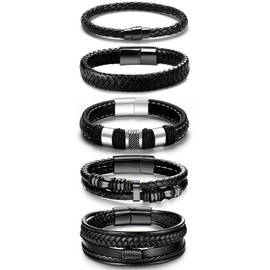 LOWNOUR Black Leather Bracelets for Men Women 5pcs Mens Bracelet Leather and Steel Braided Cuff Bracelets (7.5inch)