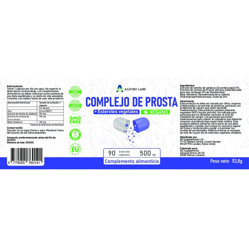 Alzuro Labs Prosta Complex | (Pygeum Africanum, Beta-Sitosterol, Kürbiskernextrakt) |