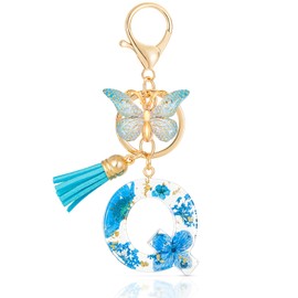 MWOOT Initial Letter Q Keychain Resin Alphabet Keyrings,Blue Petals Gold Foil Key Ring Charm with Butterfly Tassel Pendant,Kawaii Key Chain for Womens Gift Ideas Wallet Purse Bag Handbag Decor (Q)