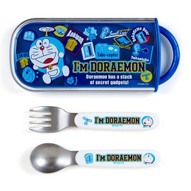 Sanrio 878901 Doraemon Character Spoon & Fork Set for Kids, With Case, Antibacterial, Dishwasher and Dish Dryer Safe with Name Sticker, Made in Japan