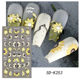 5D Embossed Flower Nail Art Stickers Decals Summer Sunflower Nail Decals Holographic Engraved Floral Nail Sticker Designs Self-Adhesive Nail Art Sticker for Women Manicure Charm Decorations 4Sheets