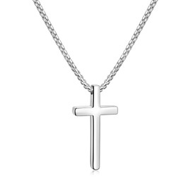 Fiusem Silver Tone Cross Necklace for Men, Mens Cross Necklaces with 2.5mm Cross Chain and Stainless Steel Cross Pendant Small, Box Chain 16 Inch