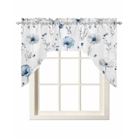 YOKOU Swag Curtain Valance, Poppy Flower Blue Gray Rod Pocket Window Curtain for Kitchen Bedroom Bathroom, 1 Pieces 56"x36" Summer Spring Leaf