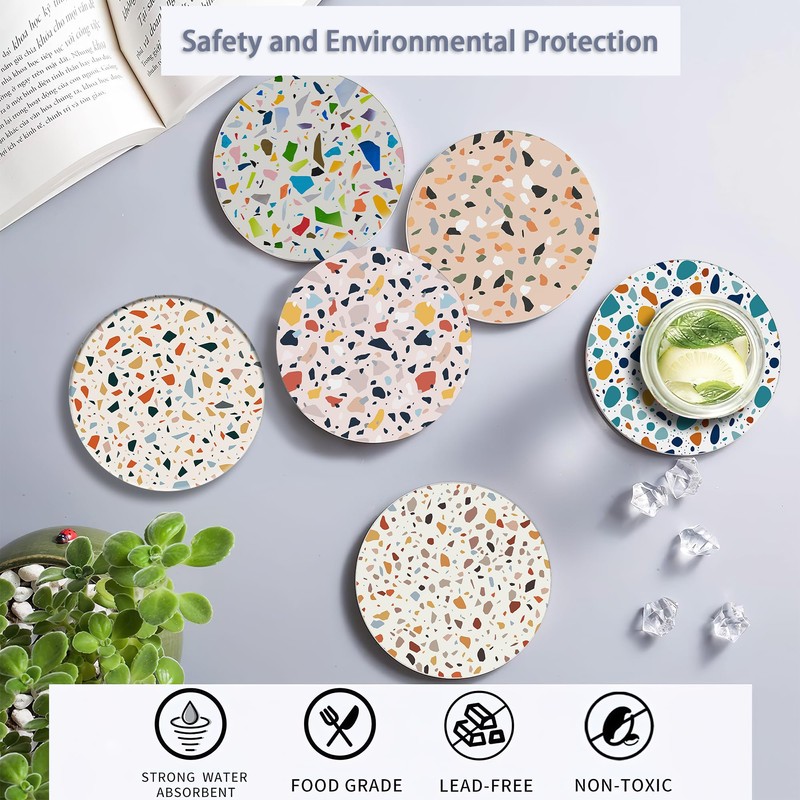 6 Pcs Coasters for Drinks with Holder, Terrazzo Marble Absorbent