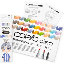 Copic Ciao Layer & Mix Starter Set Serene, Marker Set with 3 Different Colours, Marker Paper and Drawing Template for Tracing, Includes Getting to Know Exercise Sheet