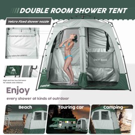 Portable Camping Shower Tent Deluxe Changing Room Easy Set Up Privacy Shelter,Large Toilet Tent 2 Rooms with Floor Drain Design for Beach, Camping,Hiking with Stakes and Ropes for Stability
