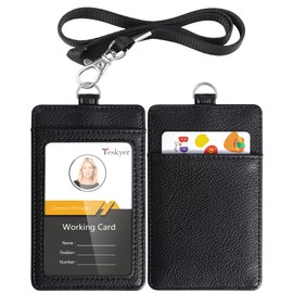 Teskyer ID Card Holder, Name Holder, Genuine Leather, Card Case, Vertical, Employee ID, Neck Strap, Hanging, Card Slot, Pass Case, Commuter Holder, Business Card Holder, Name Card Holder, Name Card
