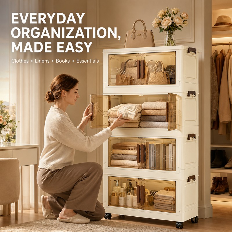Beige Plastic Stackable Storage Box with Lid and Wheels for
