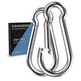 GARSIDURO® Carabiner Hooks, Set of 2, 8 x 80 mm, Galvanised Steel, DIN 5299, Fire Brigade Carabiner with Snap Lock Suitable as Key Ring Carabiner or Heavy Duty Carabiner Caravan