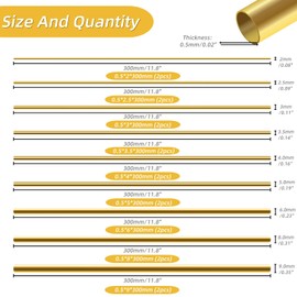 Eorbow 18 Pack 9 Sizes Brass Round Tube Set, Seamless Straight Brass Pipes, High Strength Metal Tubing for Model Hobby, 2mm 2.5mm 3mm 3.5mm 4mm 5mm 6mm 8mm 9mm OD x 0.5mm Wall Thickness 300mm Length