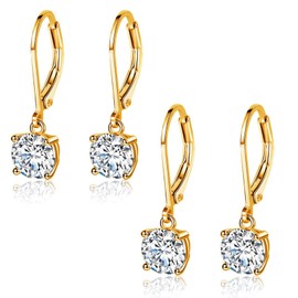 MDFUN Leverback Earrings Set for Women 18K Gold Plated Round Cubic Zirconia Dangle Earrings Hypoallergenic Drop Jewelry Gifts for Her (2 Pairs Round)